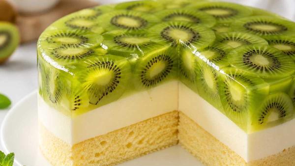 طرز تهیه کیک پودینگ با ژله و کیوی مجلسی